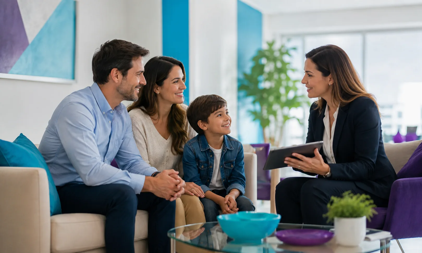 Asesora conversando con una familia sobre su cobertura médica